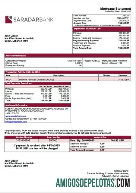 em branco Modelo Word e PDF de extrato de hipoteca do Banco Sardar do Líbano